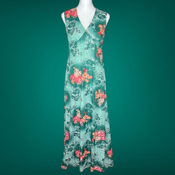 Vintage 60s Green Pink Flower Power Sleeveless Dress W/ Sheer Matching Topper 12 - Picture 2 of 11